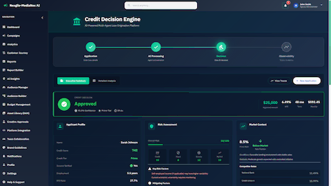 Credit decision approved with comprehensive risk assessment, applicant profile, and market context analysis