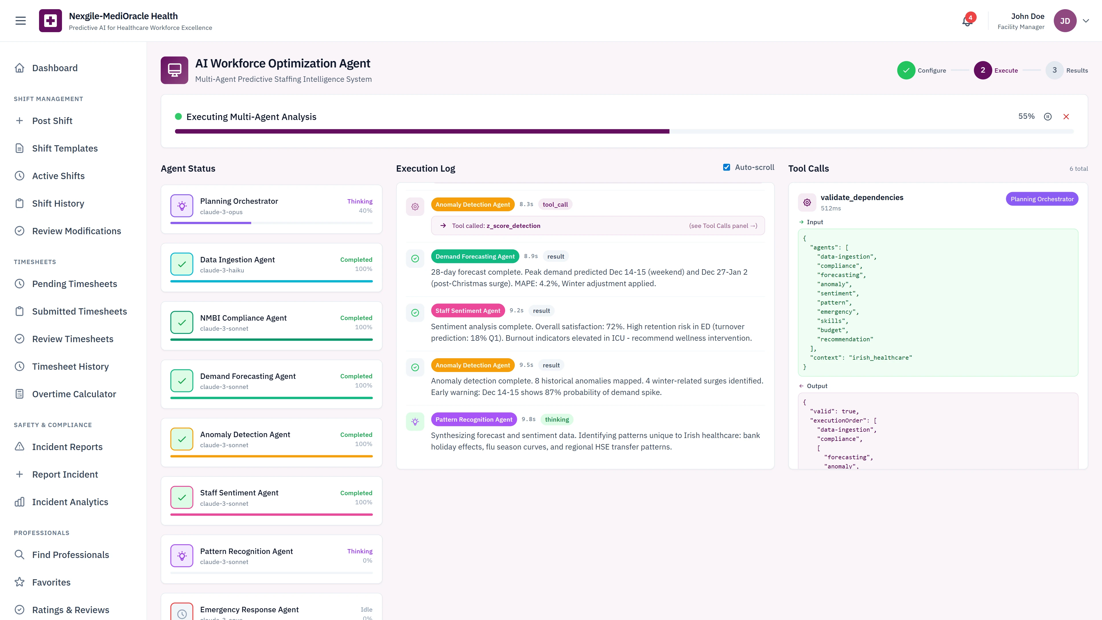 Multi-Agent Execution - Agent status tracking, execution log with demand forecasting and sentiment analysis, and real-time tool calls code display