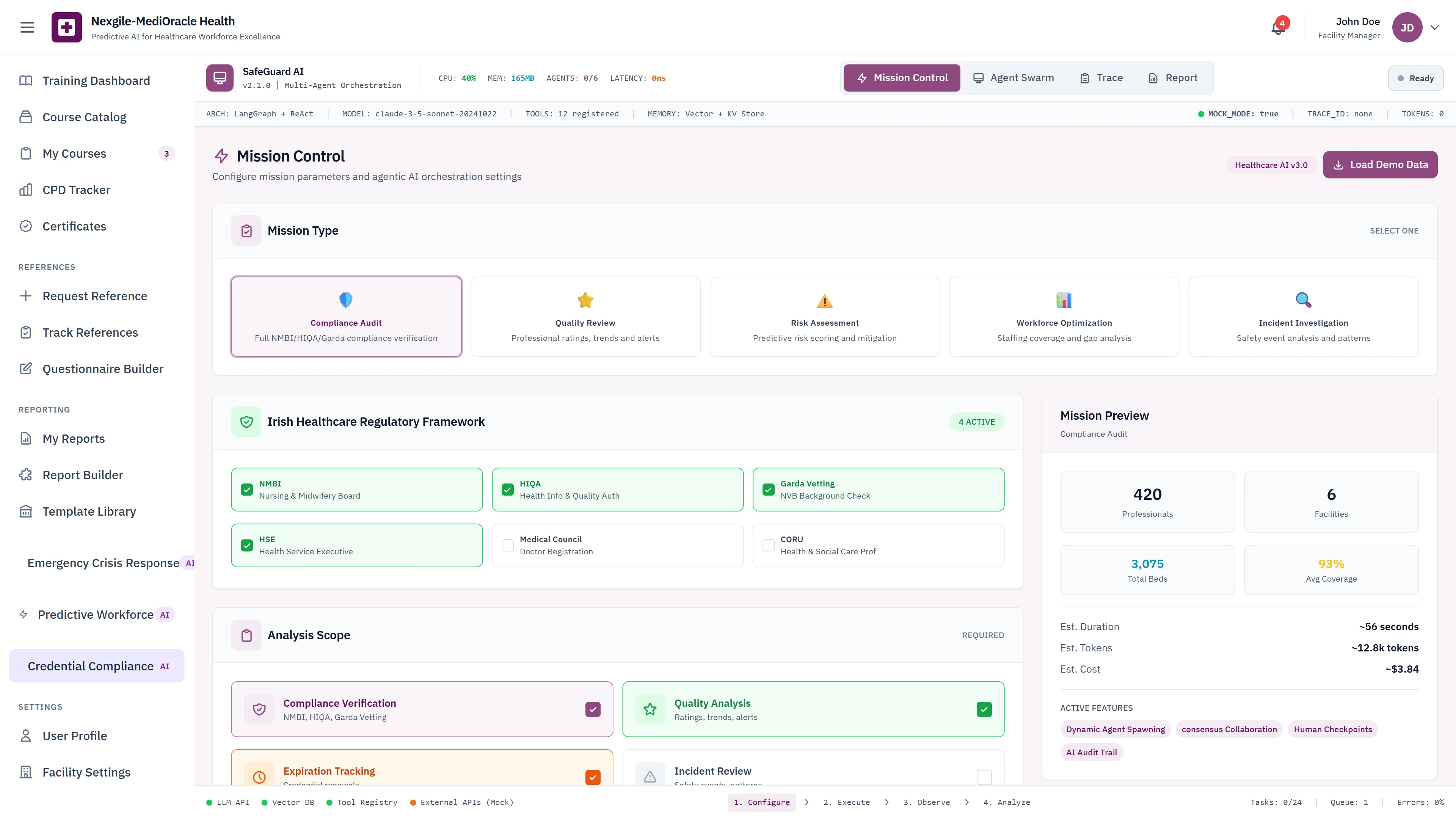 Mission Control - Mission type selection, Irish healthcare regulatory framework activation, analysis scope configuration, and mission preview with professional counts
