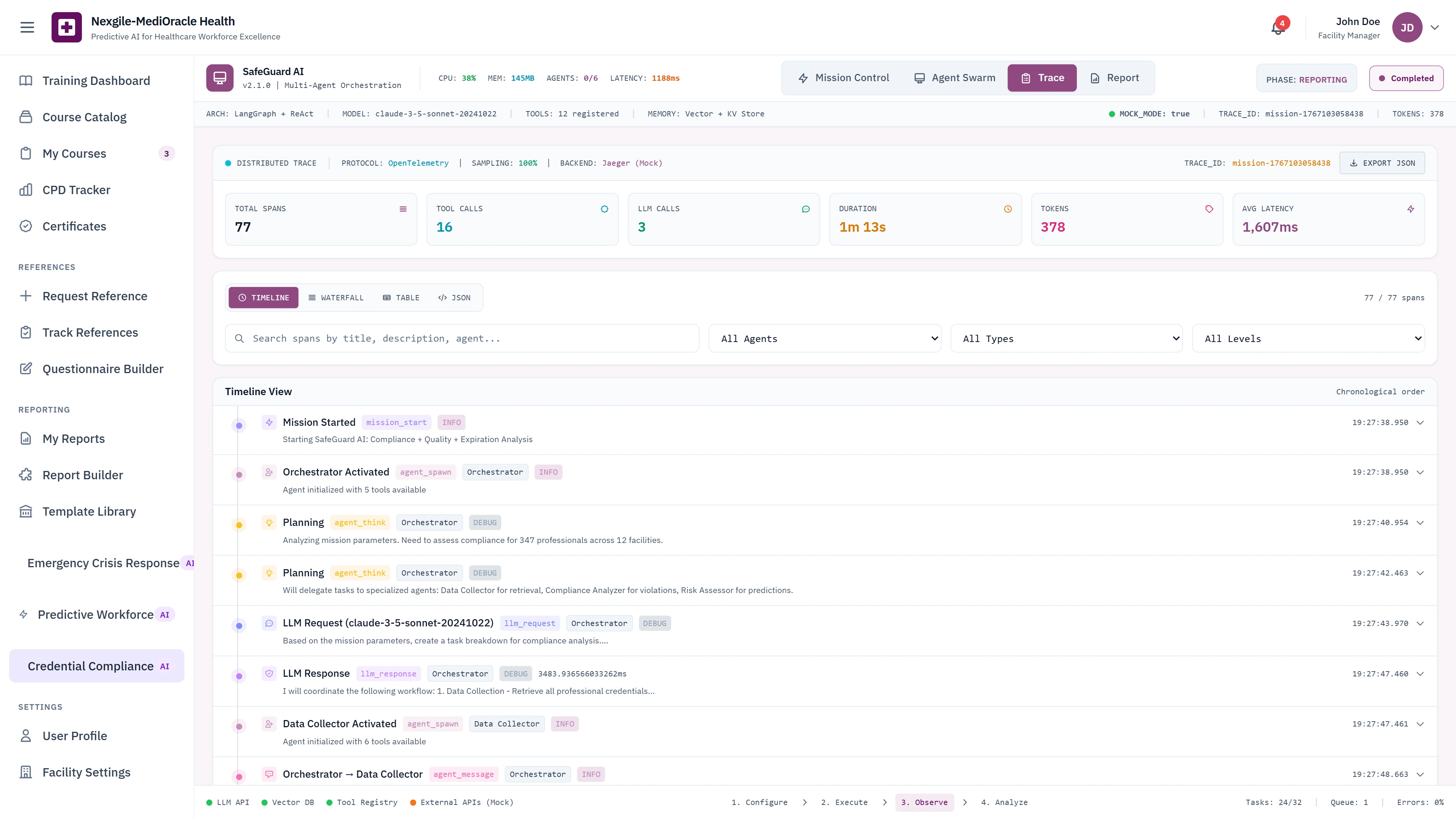 Trace View - Mission timeline with event tracking, LLM requests and responses, orchestrator activation, and data collector operations