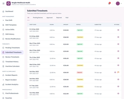 Submitted Timesheets - Digital timesheet management with GPS-verified clock-in/out and approval workflow