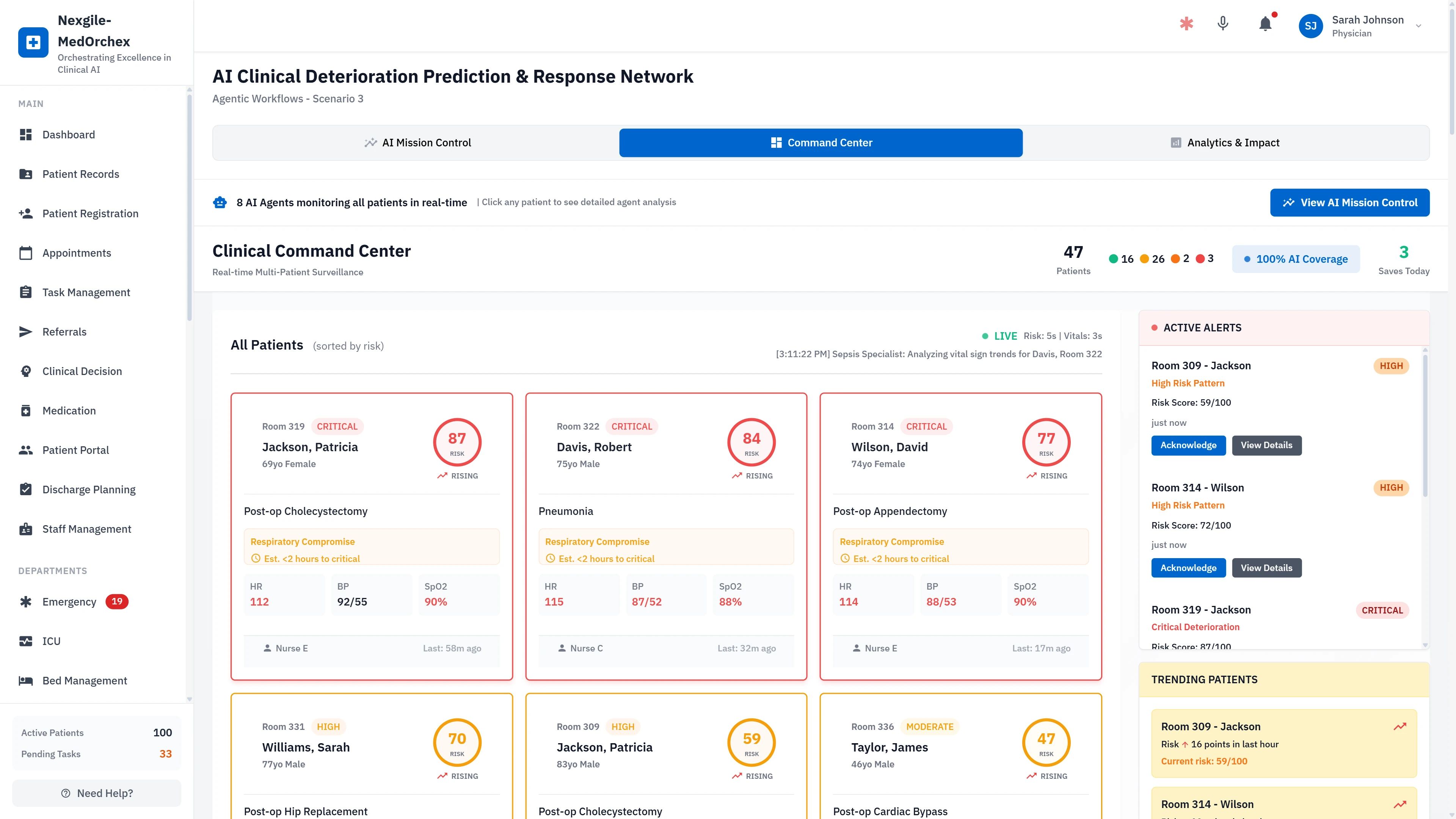 Clinical Command Center - Multi-Patient Surveillance Dashboard with Risk-Based Prioritization