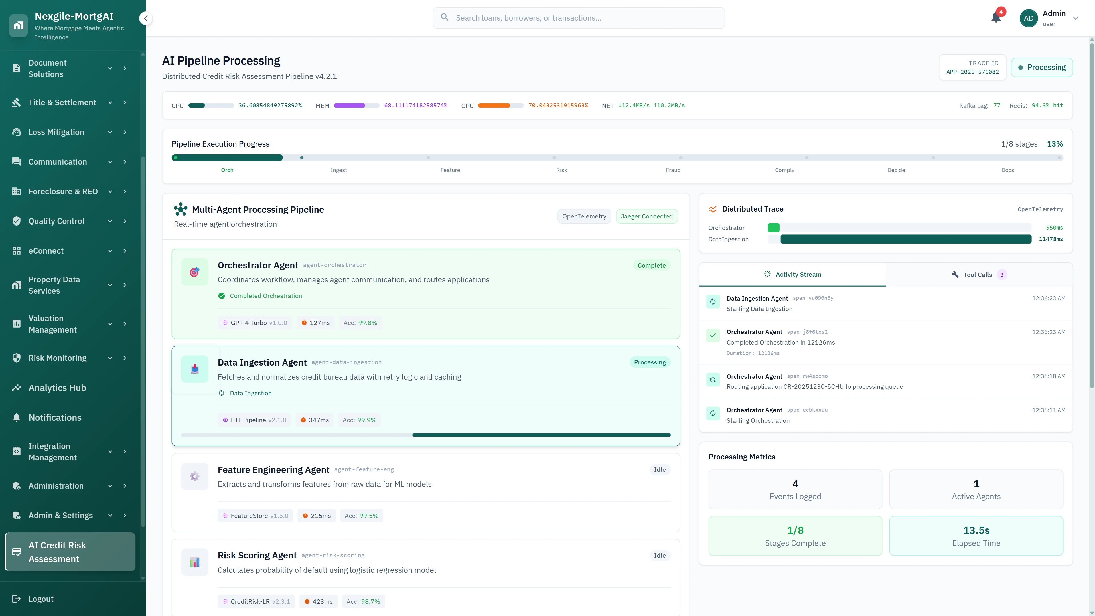 Real-time AI pipeline processing view showing multi-agent orchestration with distributed tracing, agent status, and processing metrics
