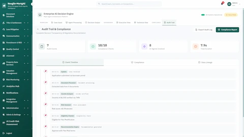Audit trail and compliance view with event timeline, 10/10 compliance checks, agent processing history, and regulatory documentation