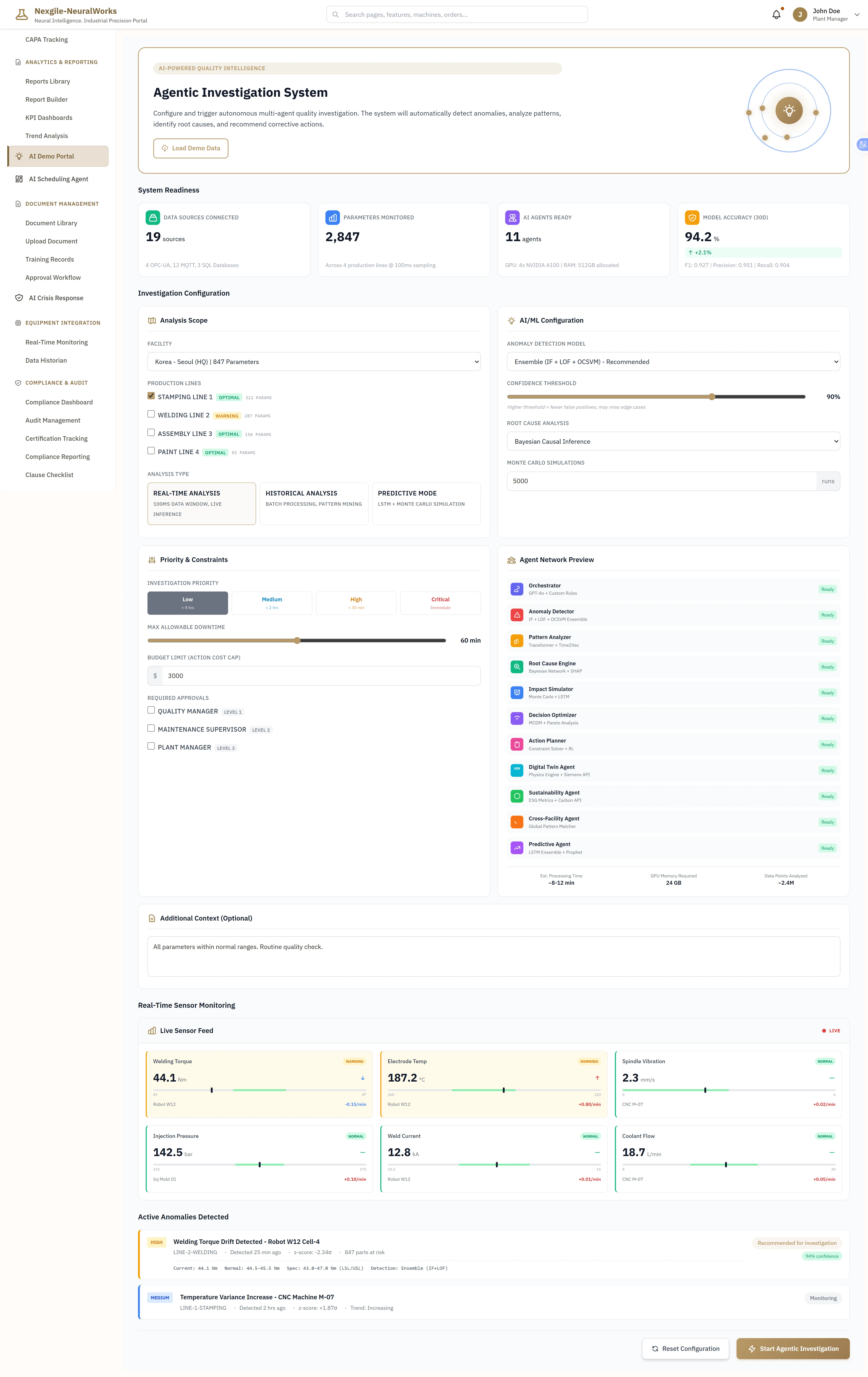 Agentic Investigation System Configuration - Comprehensive setup interface displaying system readiness metrics (2,847 parameters monitored across 19 data sources, 11 AI agents ready, 94.2% model accuracy), investigation scope configuration with facility and production line selection, AUML anomaly detection model settings with configurable confidence thresholds, priority and constraint management, agent network preview showing all 11 specialized agents, real-time sensor monitoring with live feeds tracking critical parameters (welding torque, electrode temp, injection pressure, mold current, spindle vibration, coolant flow), and active anomaly detection alerts identifying quality issues requiring investigation