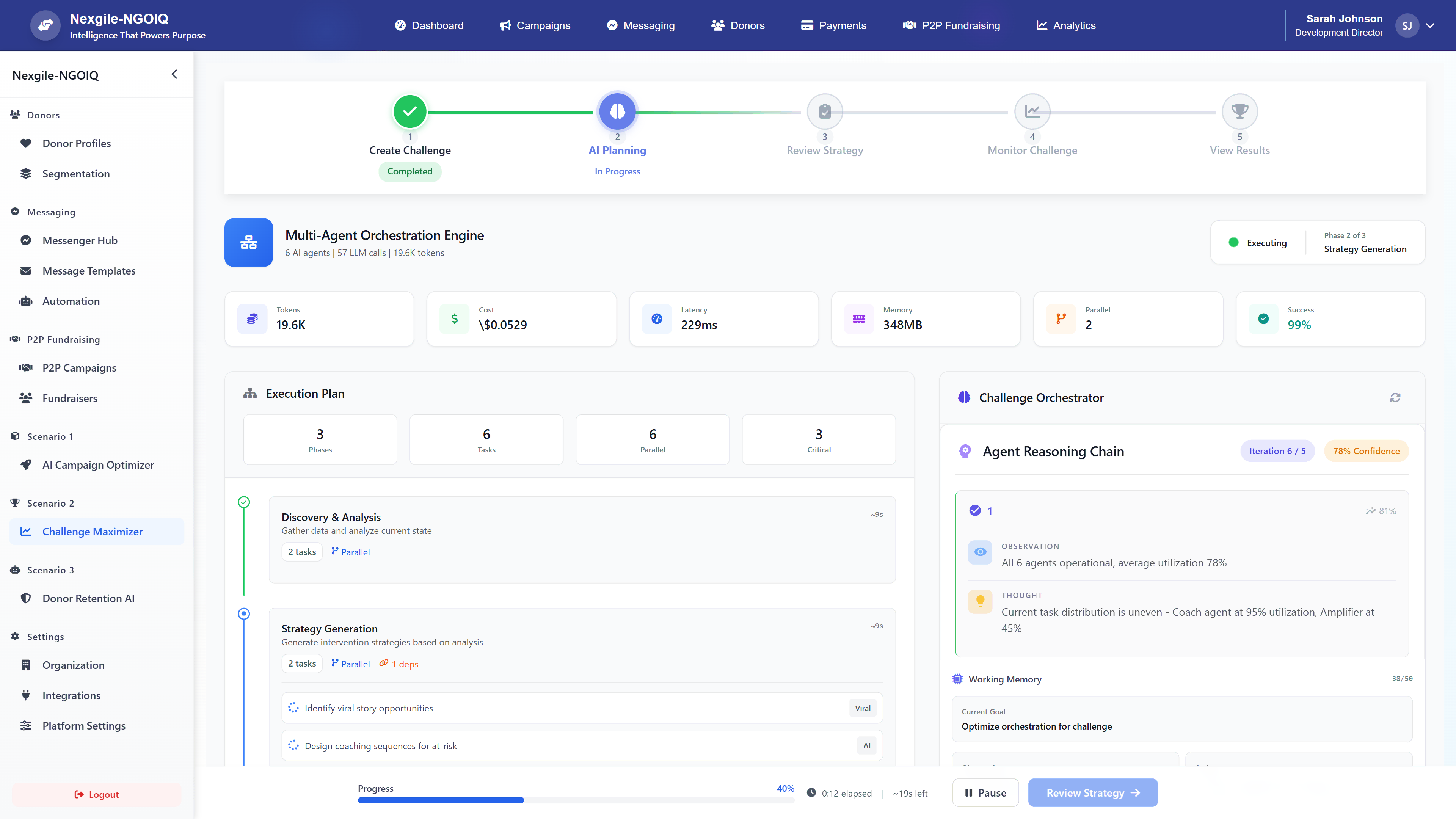 Multi-Agent Orchestration Engine - AI Planning phase showing execution plan with phases, tasks, and challenge orchestrator with agent reasoning chain