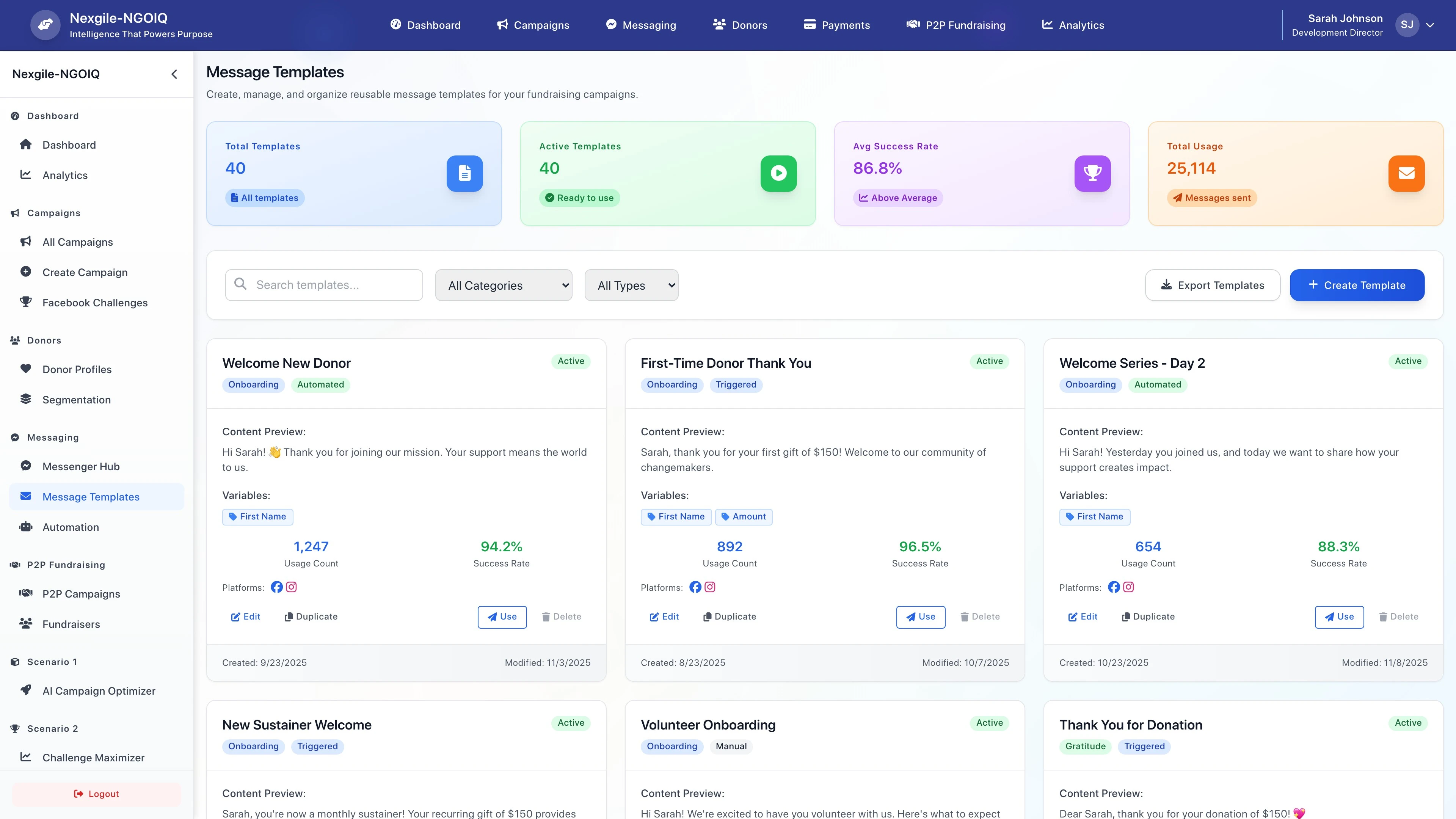Messaging Templates - Template management interface for creating and organizing communication templates
