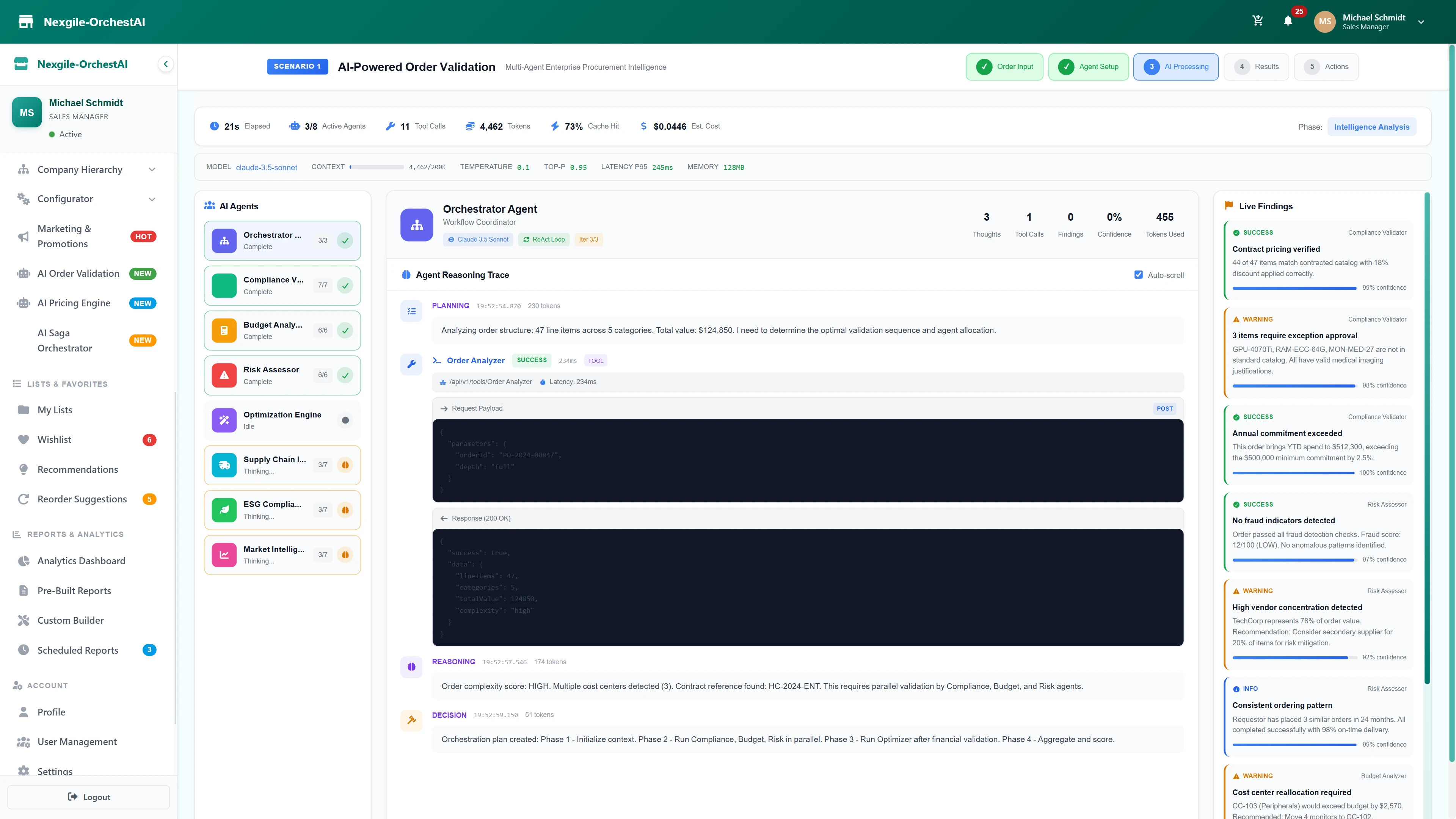 Real-Time AI Processing - Live agent reasoning traces with tool executions and streaming validation findings across compliance, budget, and risk dimensions