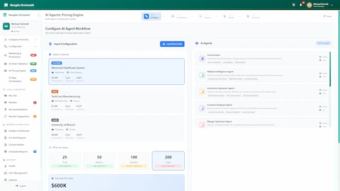 RFQ Configuration Workflow - Select customers, configure RFQ complexity (25-200 line items), and view the 10 specialized pricing agents ready for orchestration