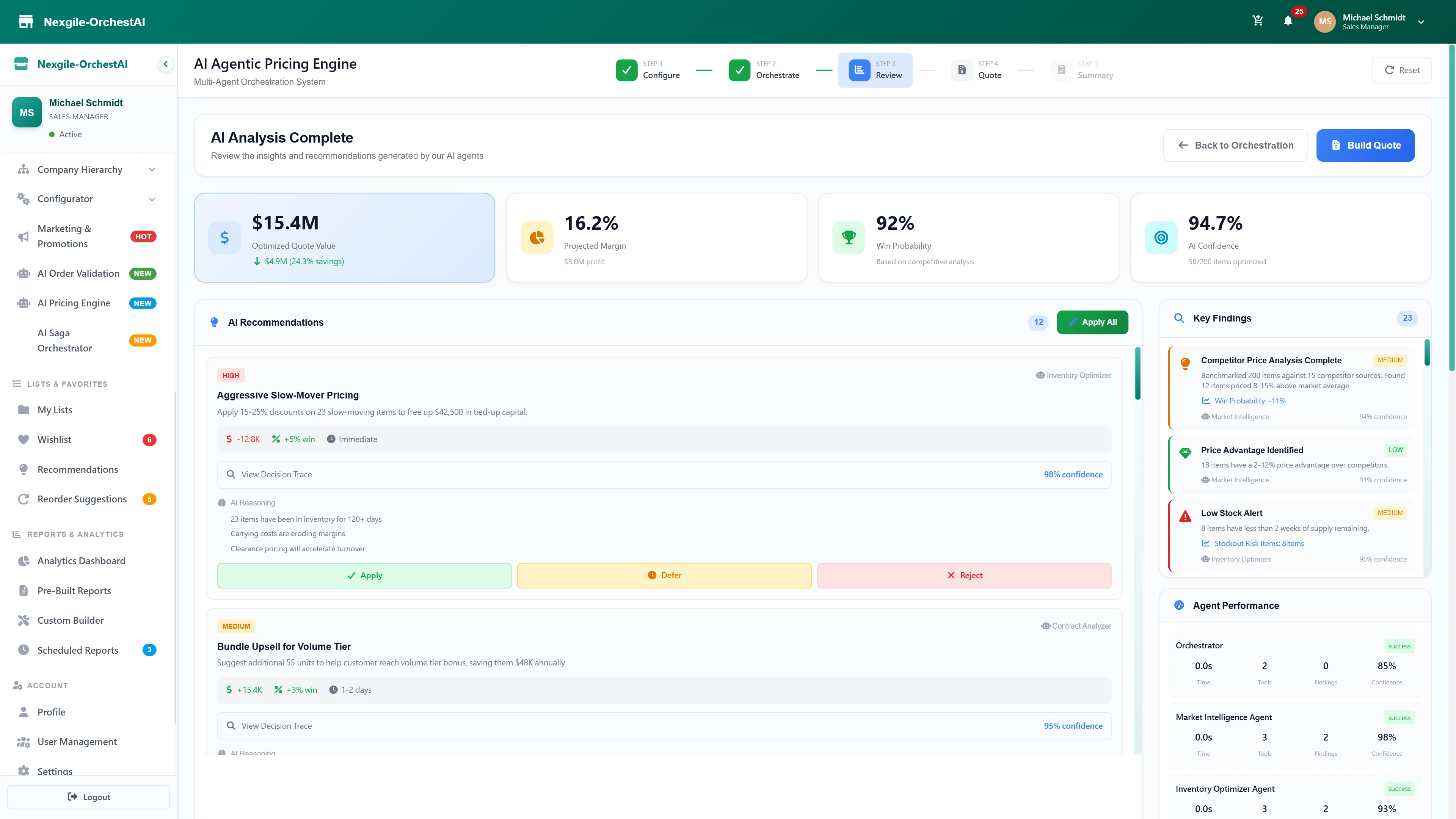 AI-Optimized Quote Analysis - Optimized quote value with margin projection, win probability, AI confidence score, and actionable recommendations with key findings