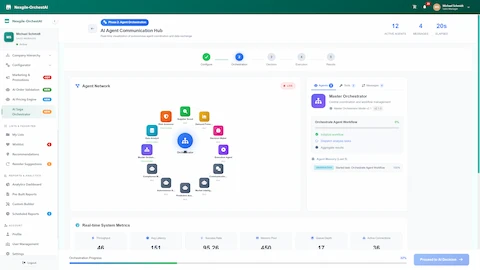 Agent Communication Hub - 12-agent network visualization with real-time coordination, system metrics, and workflow orchestration tracking for supply chain scenarios