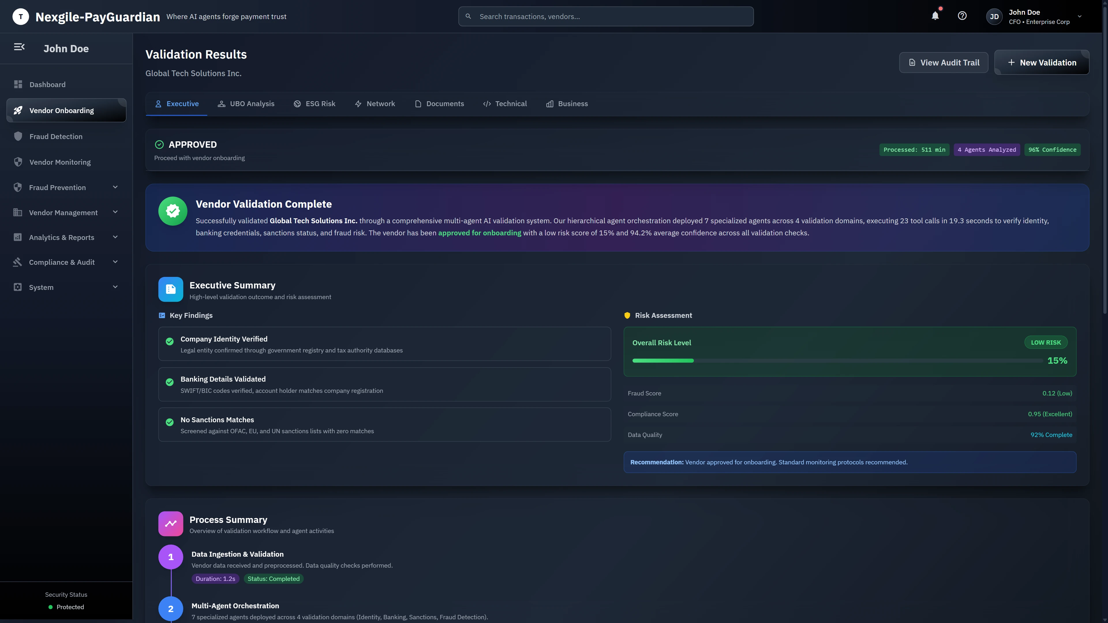 Validation Results - Executive summary dashboard displaying approved vendor status with key findings (Company Identity Verified, Banking Details Validated, No Sanctions Matches), risk assessment showing 15% low risk level, and process summary workflow
