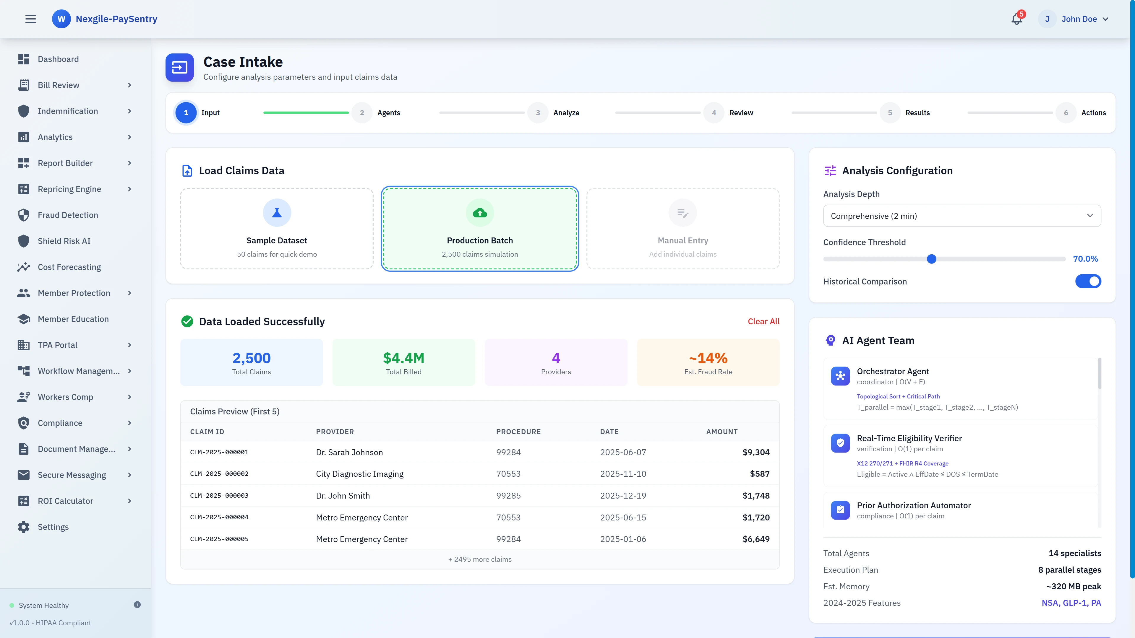 Case Intake - Claims data loading interface with AI agent team configuration showing orchestrator, eligibility verifier, and prior authorization automator