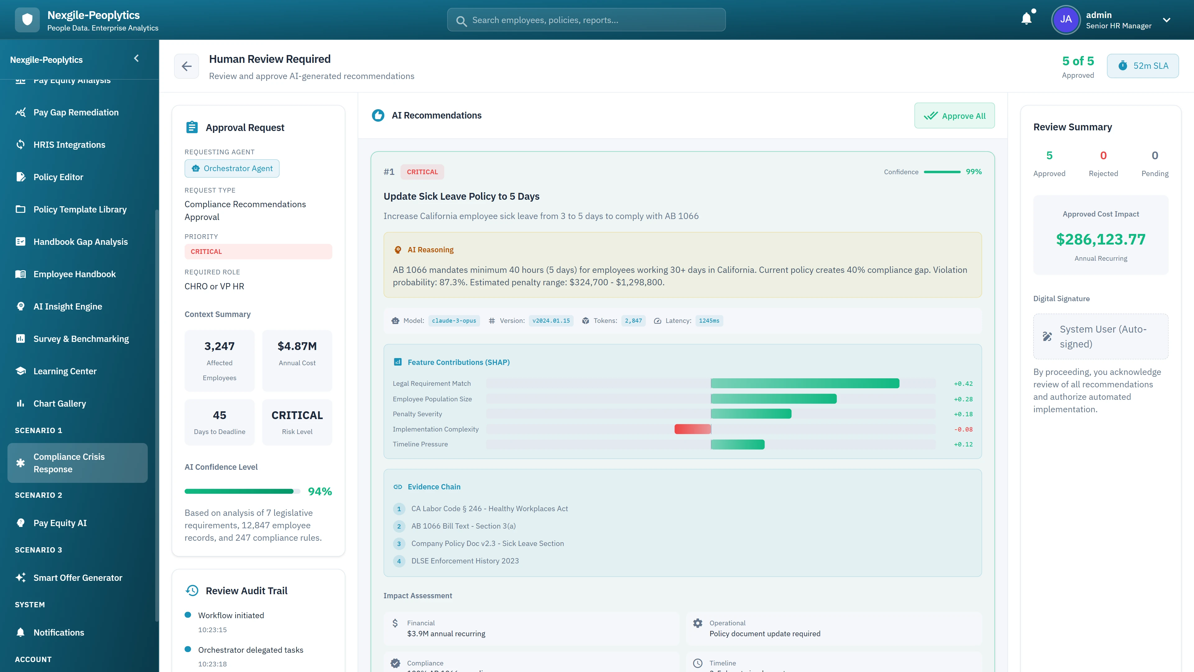Human Review Required - AI recommendations with approval request, policy contributions, evidence citations, and review audit trail