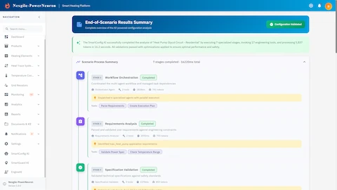 End-of-Scenario Results Summary showing completed workflow stages and metrics.