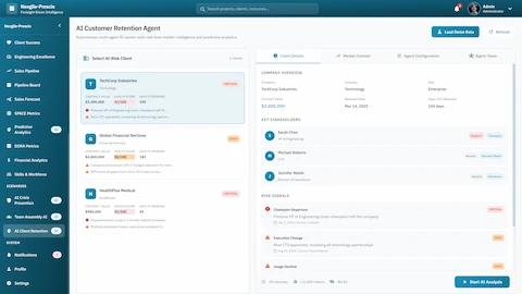 AI Customer Retention Agent - At-risk client selection with company overview, key stakeholders mapping, and risk signals including champion departure
