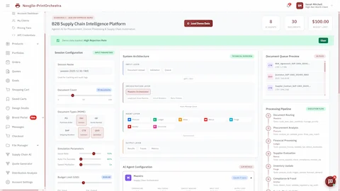B2B Supply Chain Intelligence Platform session configuration showing 8 AI agents, document types (PO, Invoice, GR, Contract, Quotation), system architecture with orchestration and agent layers, and the processing pipeline workflow.