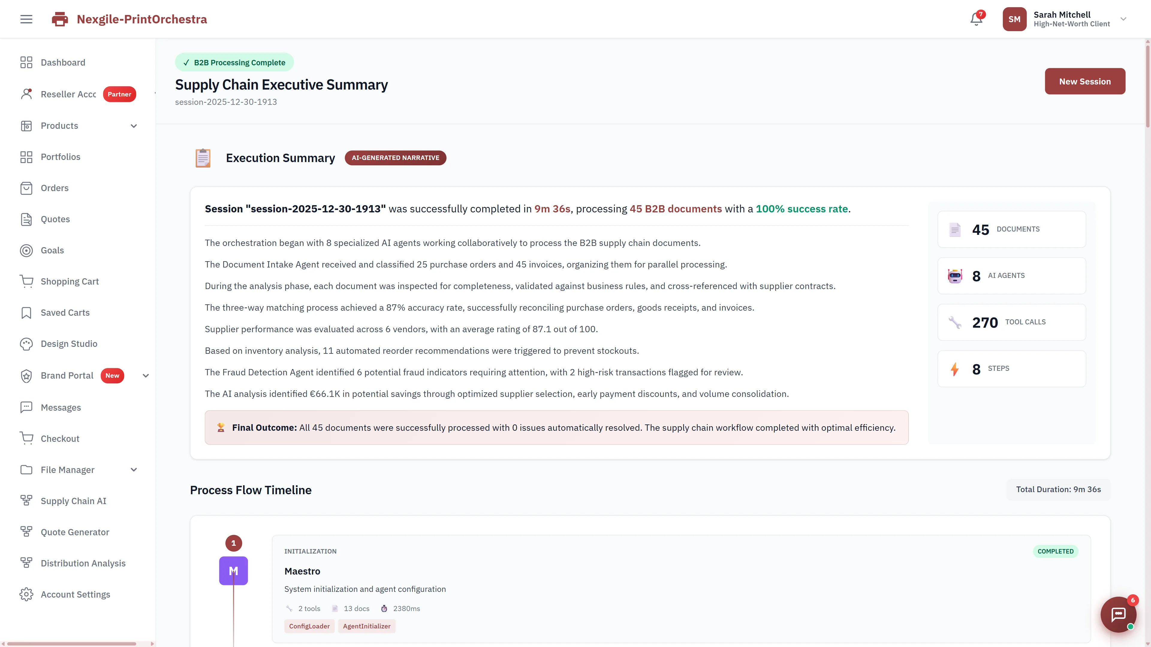 Supply Chain Executive Summary showing completed session with 45 B2B documents processed at 100% success rate, AI-generated narrative with key metrics, and process flow timeline.