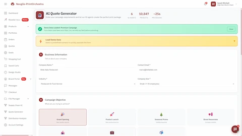 AI Quote Generator input form capturing business information (company name, industry, company size) and campaign objectives (Grand Opening, Product Launch, Seasonal Promo, Brand Awareness) with demo data loading capability.