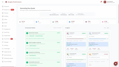 Multi-agent quote generation in progress showing orchestration pipeline stages (Requirements Analysis, Market Intelligence, Catalog Search, Sustainability Assessment) with real-time AI agent status and performance metrics.