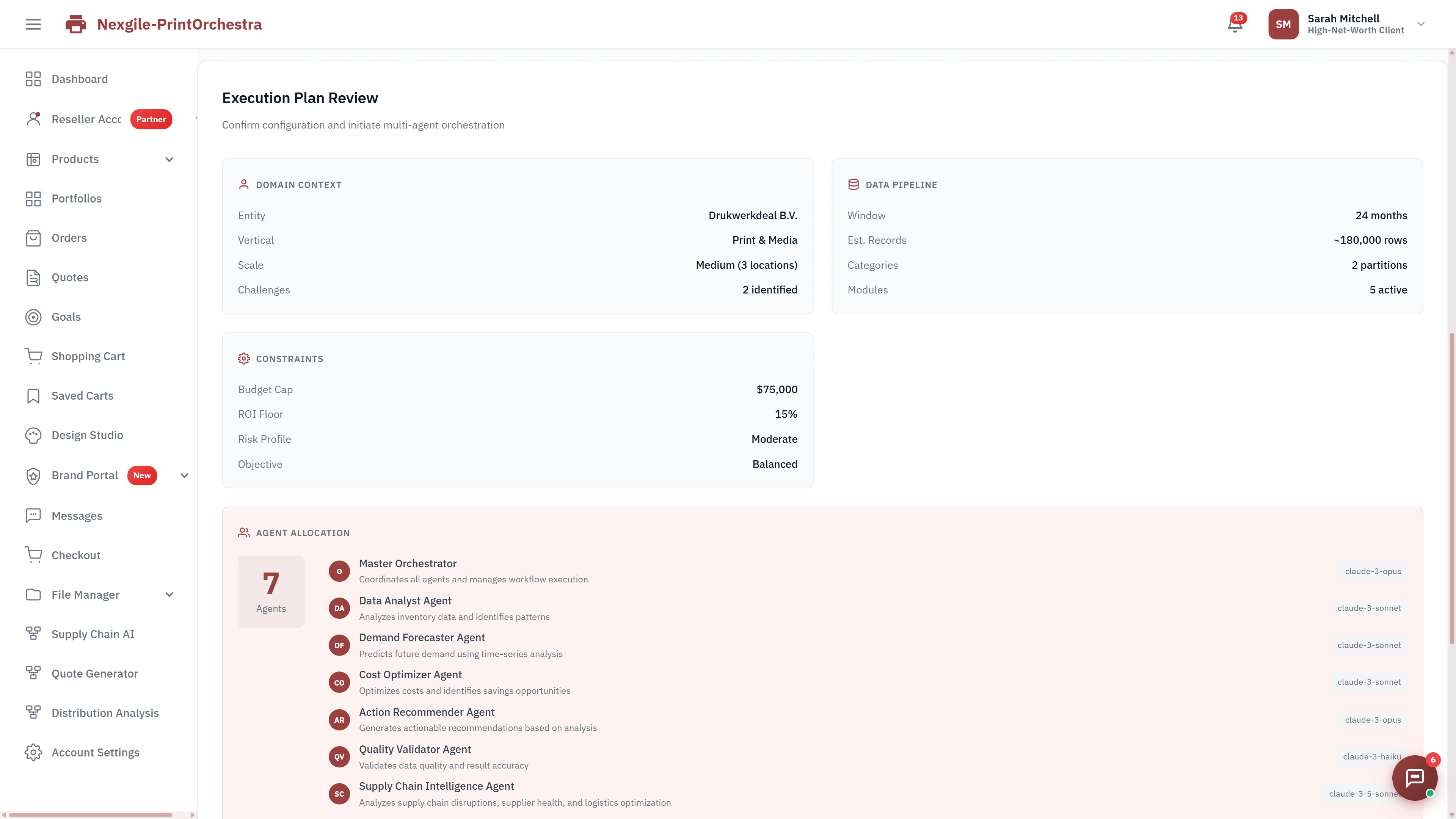 Execution Plan Review displaying domain context, data pipeline specifications (~180,000 rows), business constraints (budget cap, ROI floor, risk profile), and 7-agent allocation with their specialized roles and Claude model assignments.