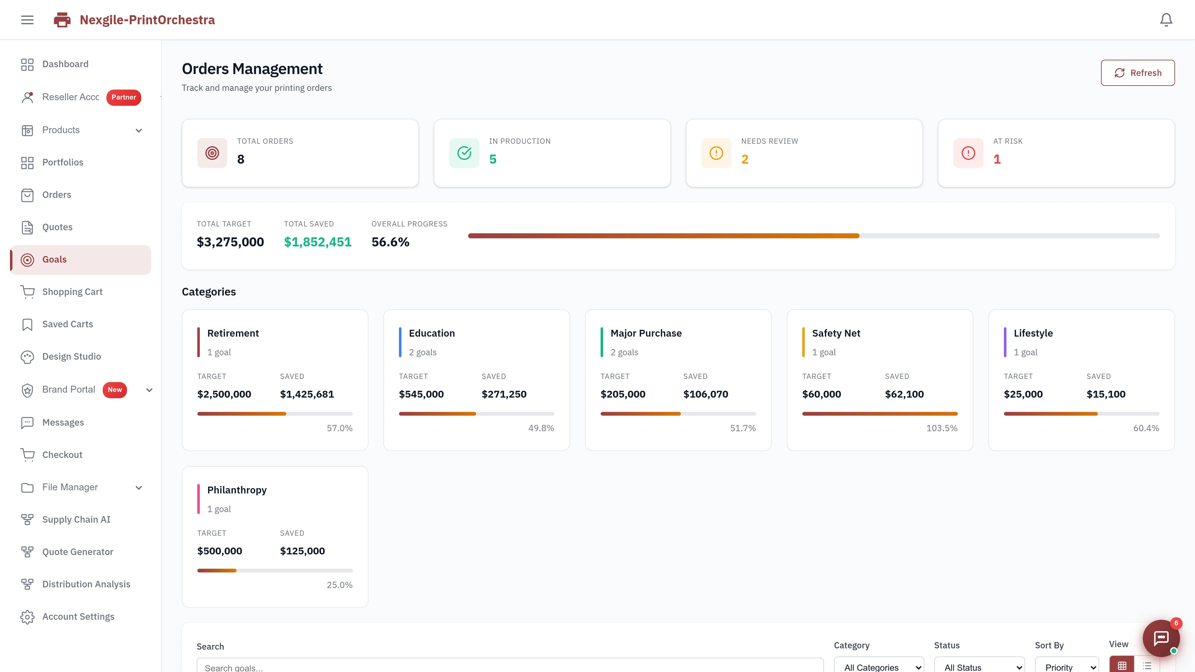 Nexgile-PrintOrchestra Hub - Goals Page