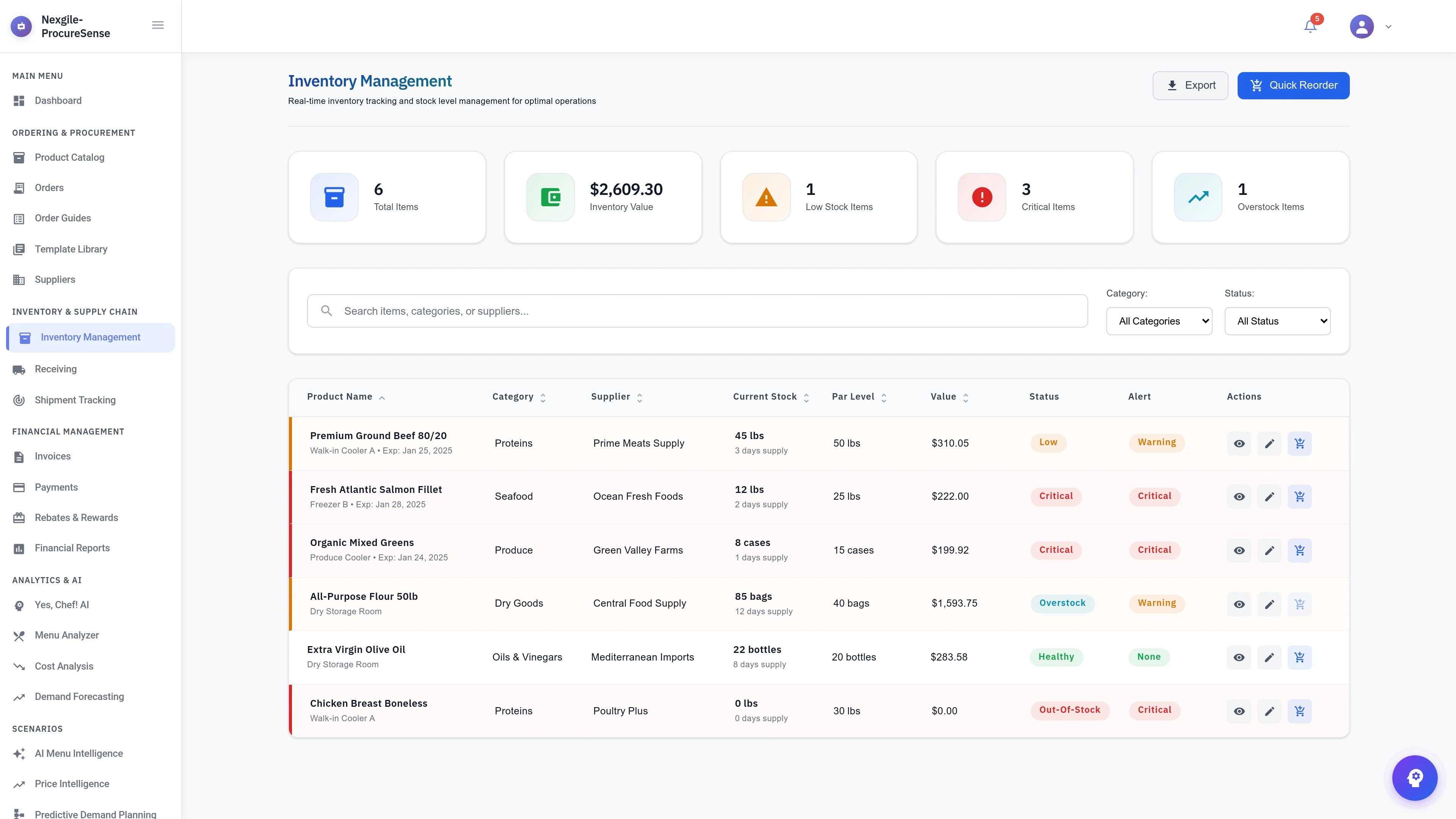Inventory Management View - Nexgile-ProcureSense Nexus Platform