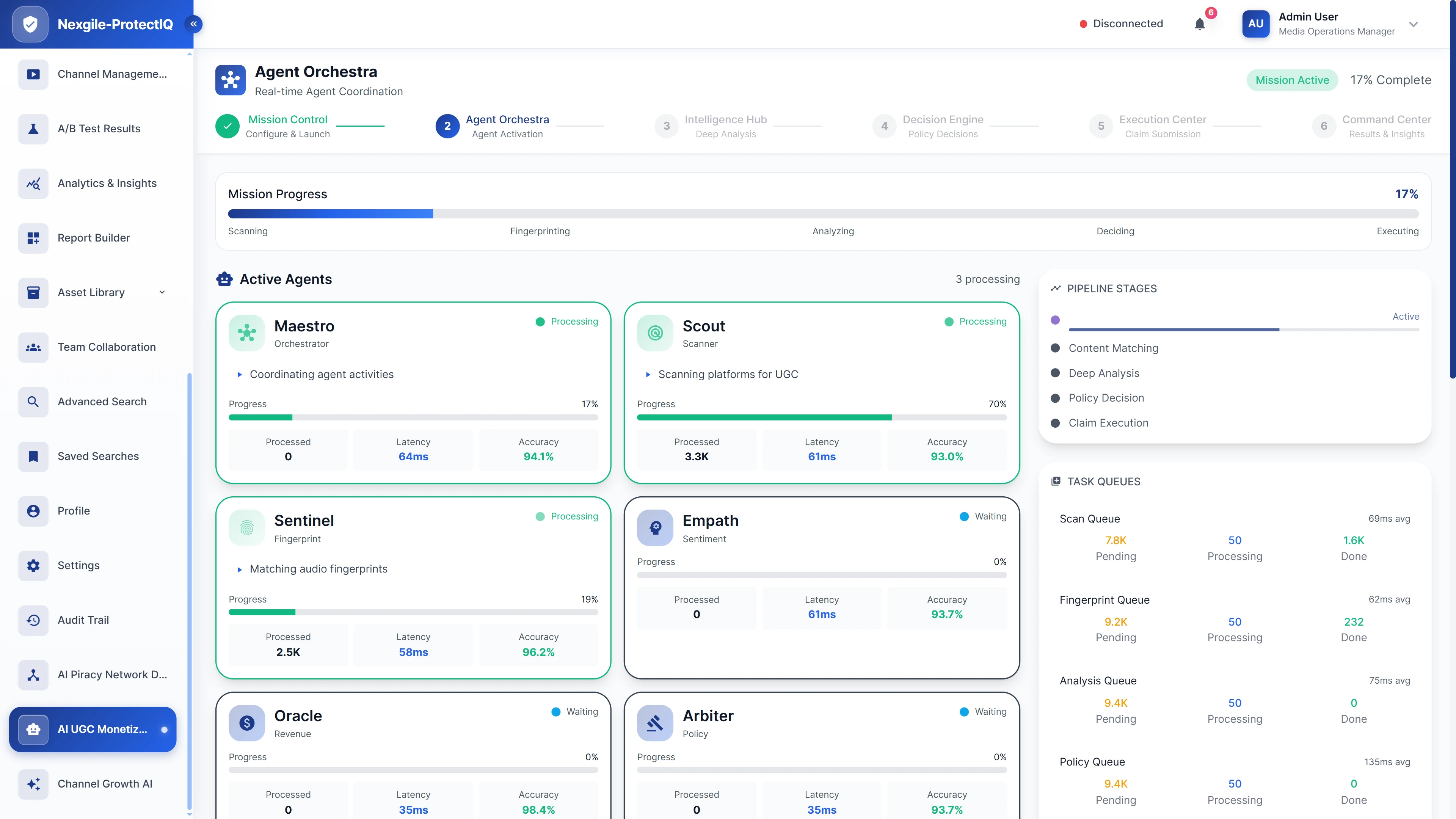 Real-time agent coordination displaying active agents with processing pipeline stages, task queues, and performance metrics