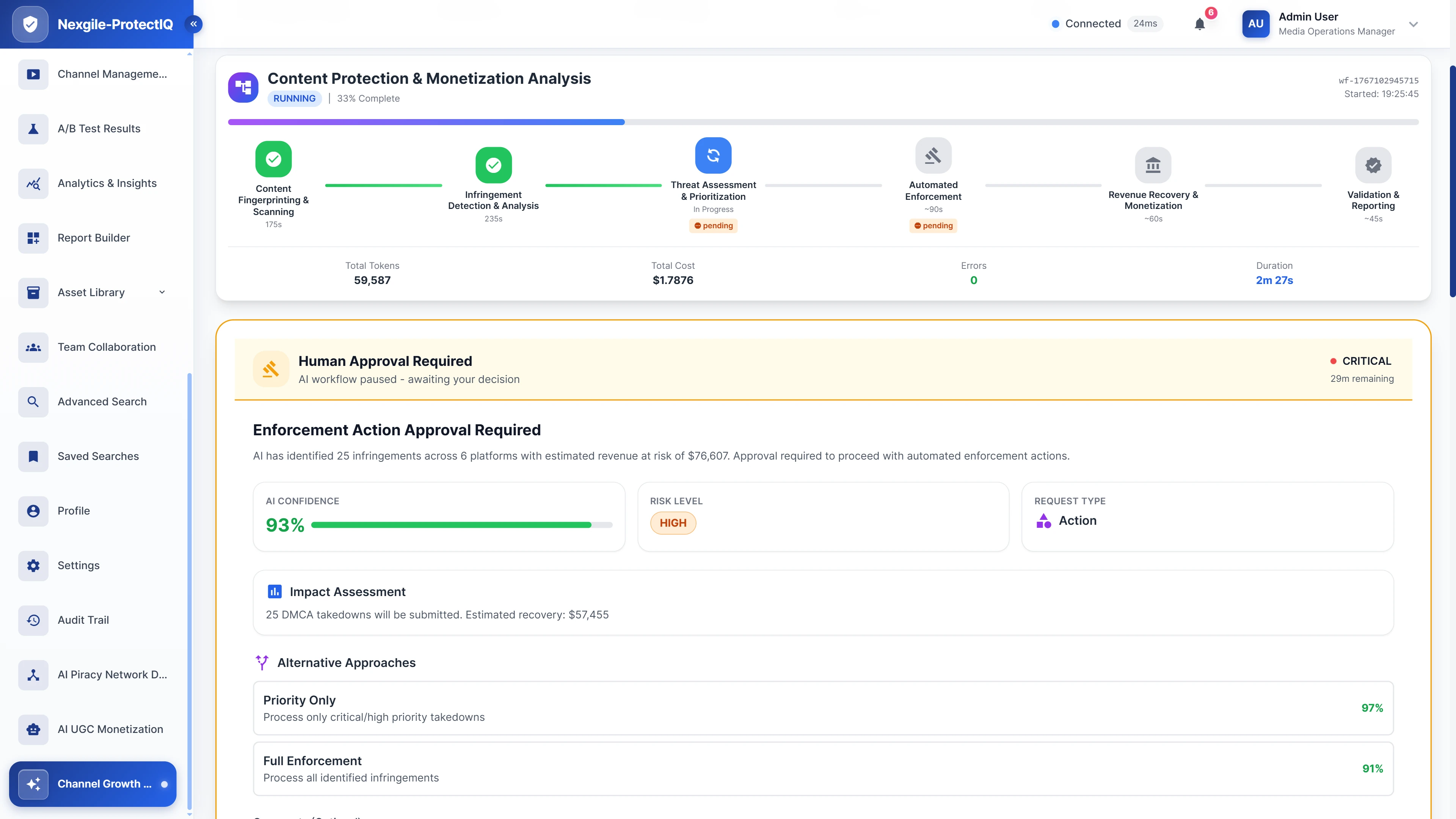 Human-in-the-loop approval gate displaying enforcement decision with AI confidence, risk assessment, and alternative strategies