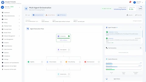 Multi-Agent Orchestration - Real-time visualization of parallel agent execution flow with live system metrics and agent status tracking