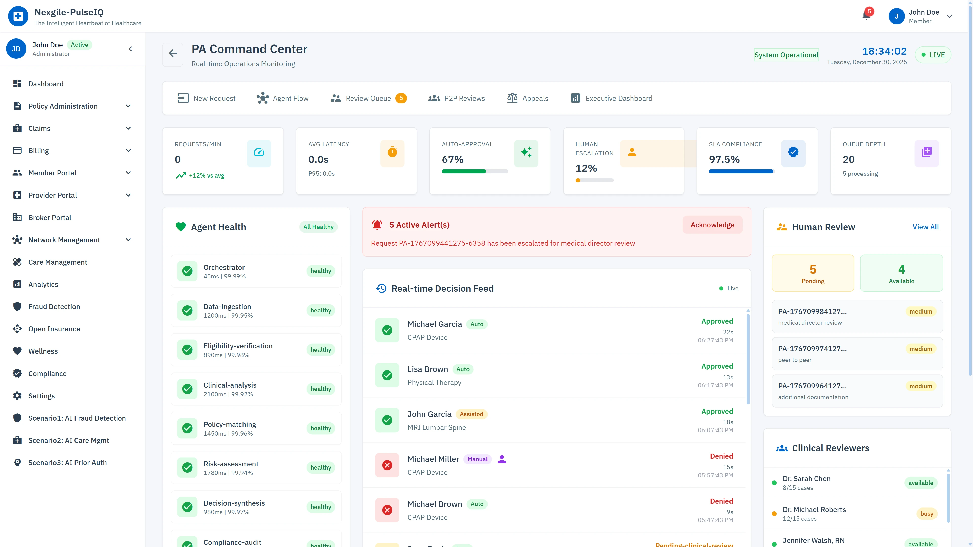 PA Command Center - Real-time operations dashboard with performance metrics, agent health monitoring, decision feed, and human review queue management
