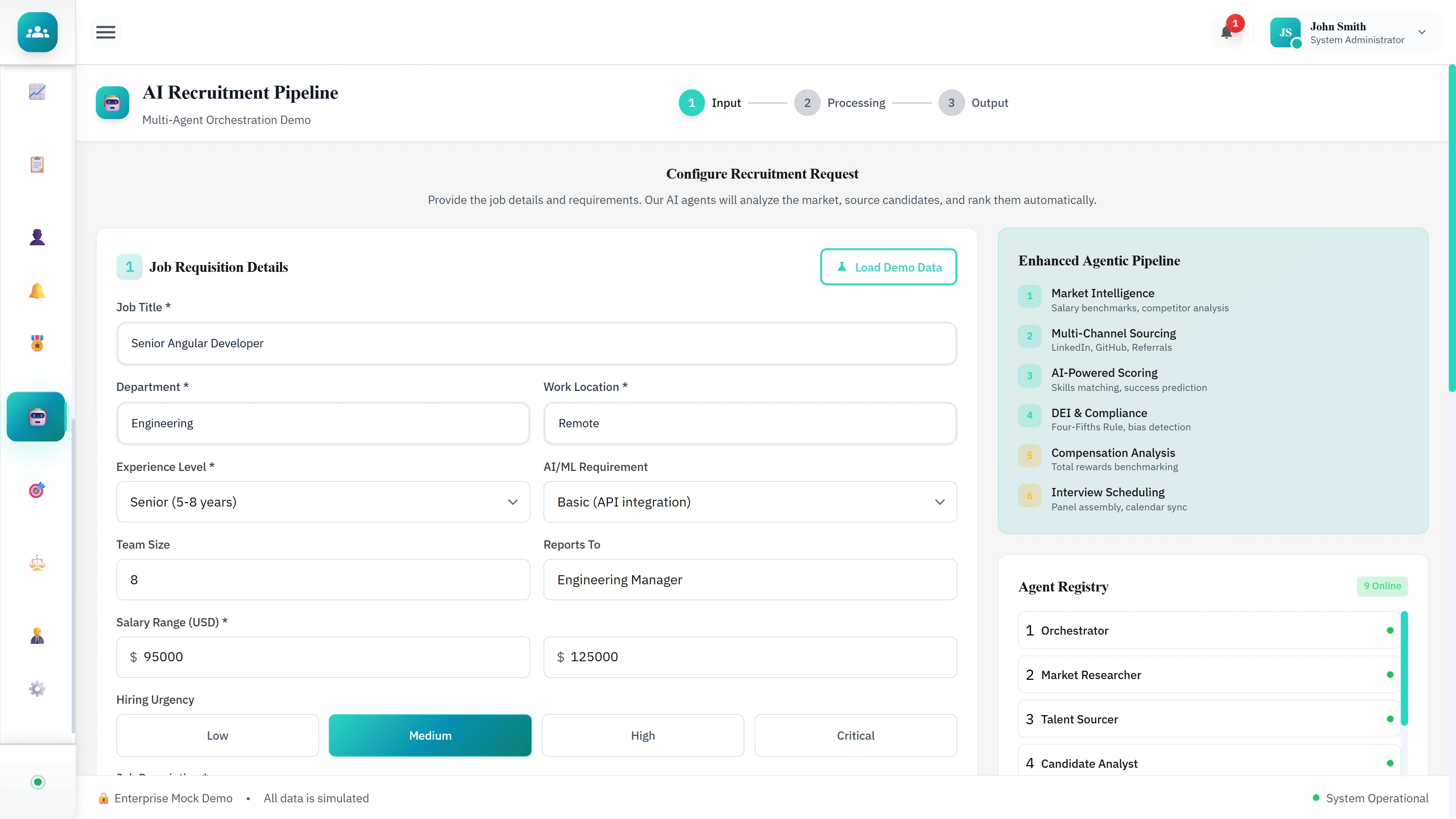 Job Requisition Configuration - Job details, salary range, hiring urgency, and enhanced agentic pipeline with agent registry