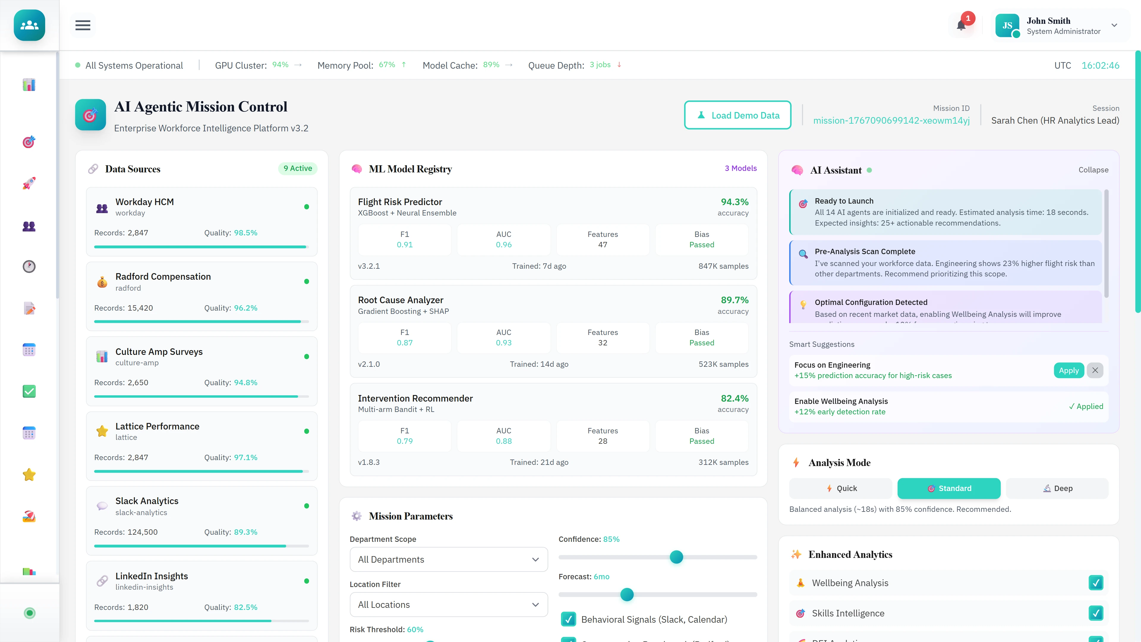AI Agentic Mission Control - Data sources integration, ML model registry, mission parameters, and AI assistant panel
