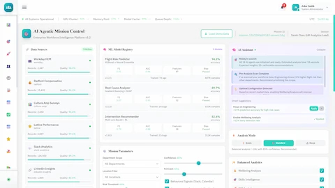 AI Agentic Mission Control - Data sources integration, ML model registry, mission parameters, and AI assistant panel