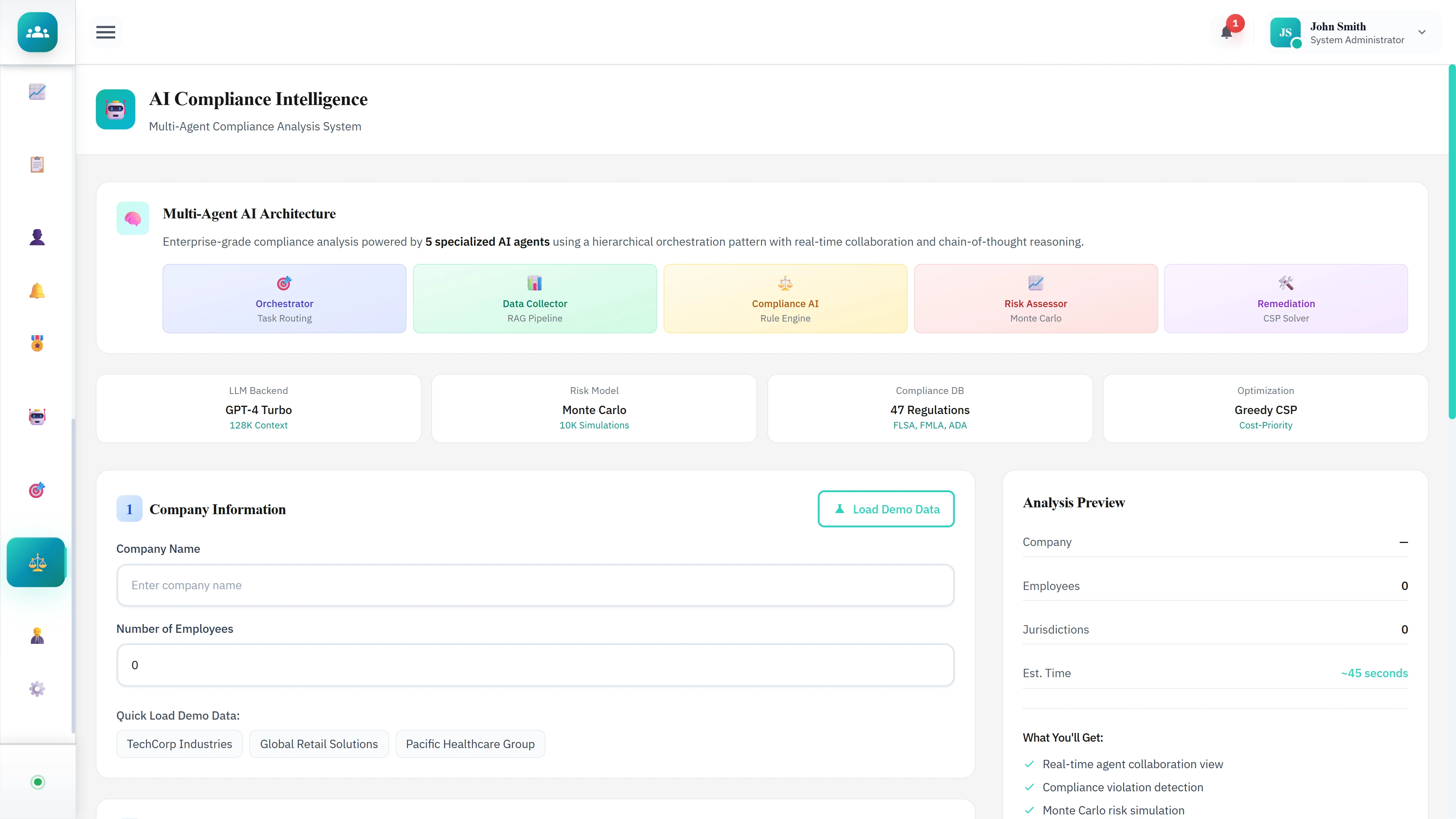 AI Compliance Intelligence - Multi-agent architecture overview, company information input, and analysis preview panel