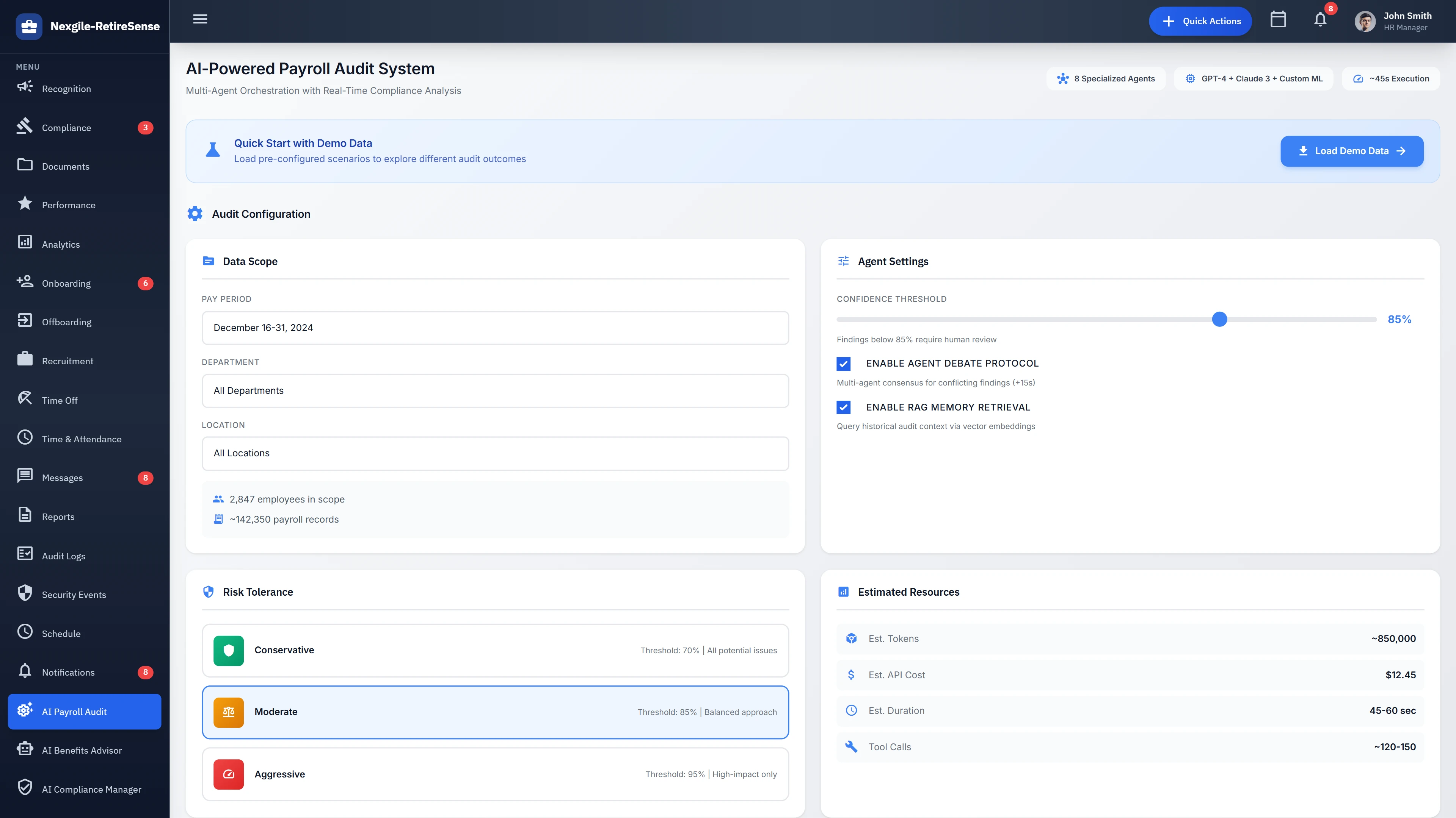 Payroll Audit Configuration - Date scope, risk tolerance settings, and agent configuration options