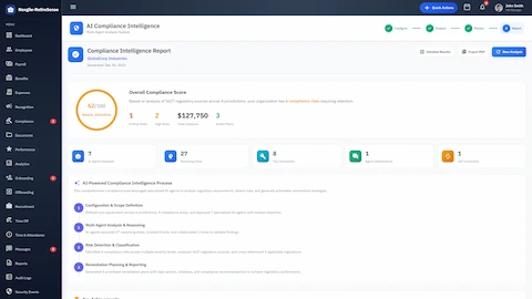 Compliance Intelligence Report - Overall compliance score with AI-powered process overview and findings summary