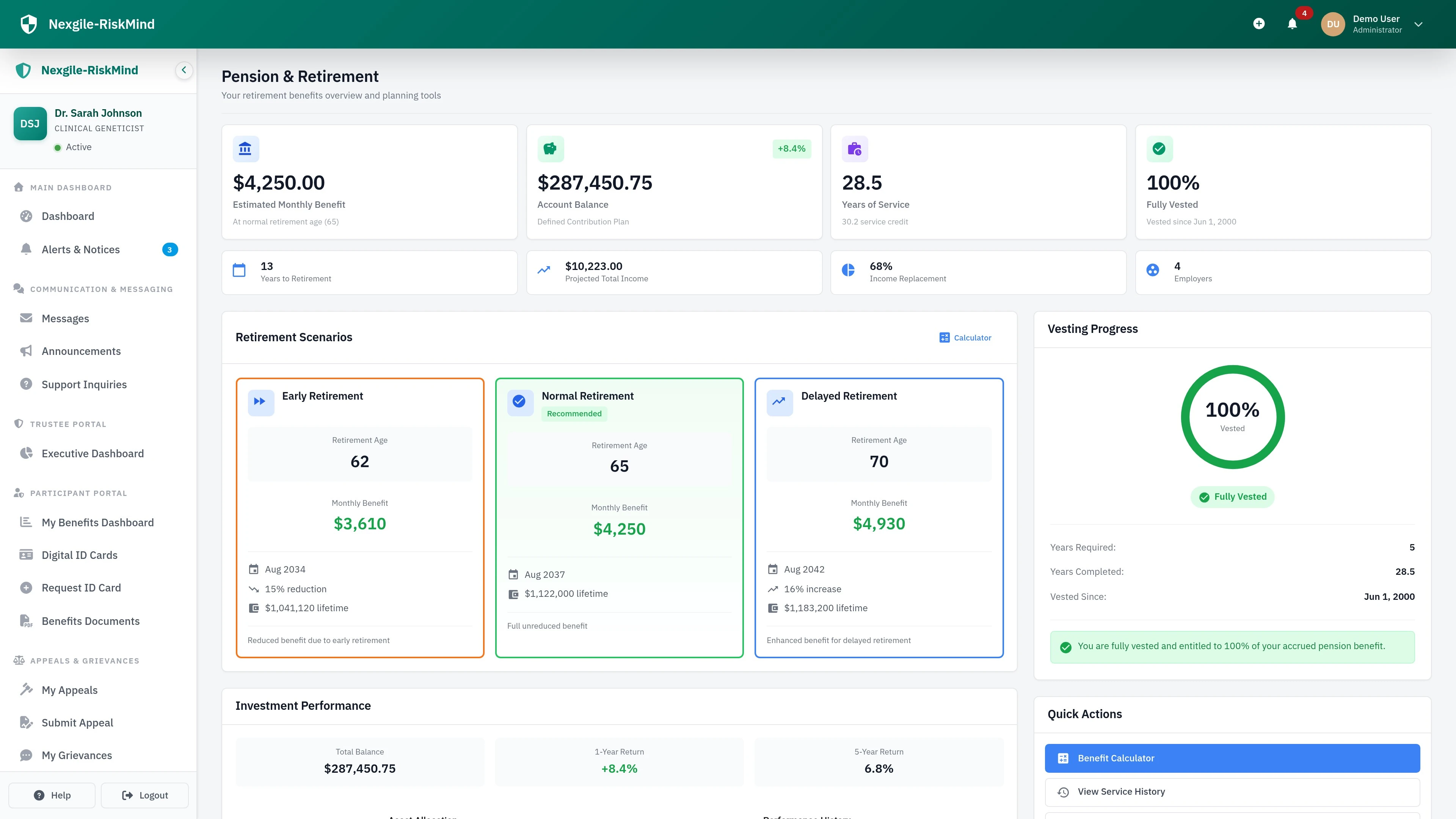 Pension Portal - Member pension account dashboard and retirement planning interface