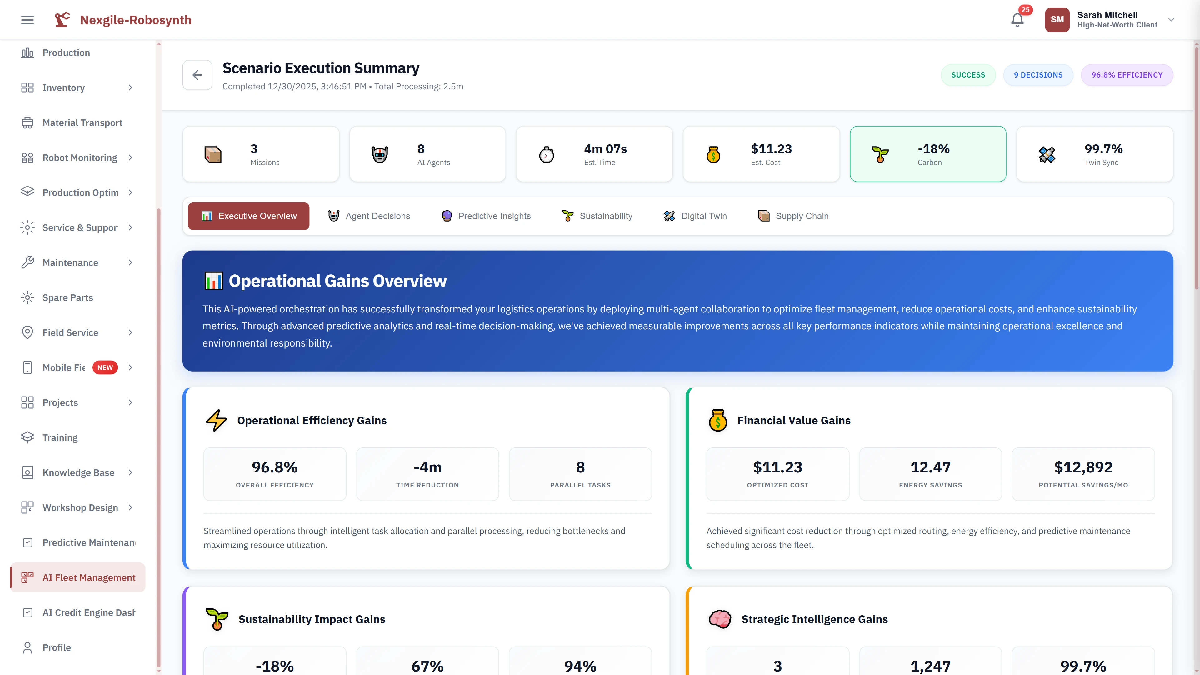 Scenario execution summary showcasing 96.8% efficiency with operational gains, $12,892 potential monthly savings, and 18% carbon reduction