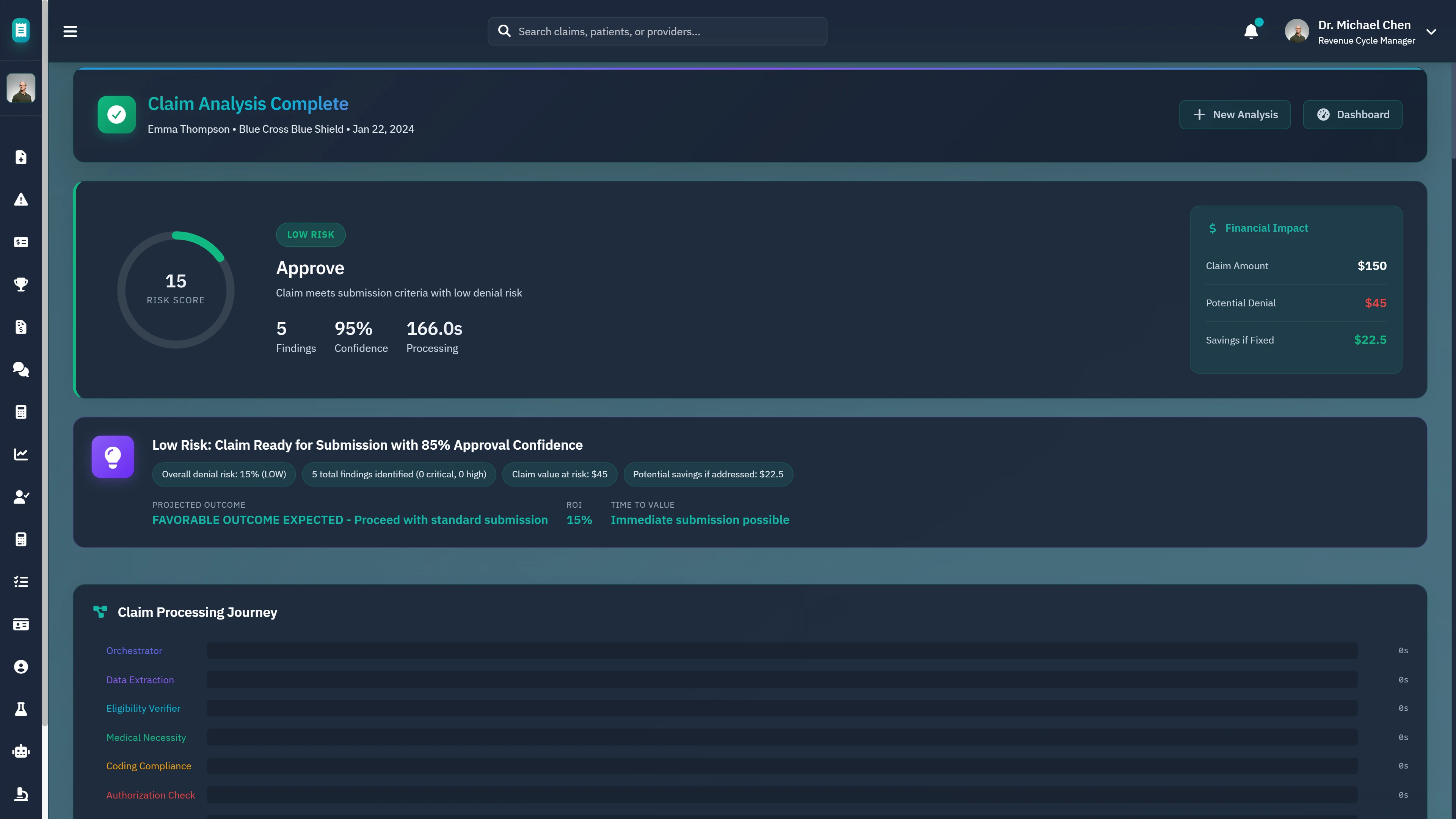Claim Analysis Results - Complete denial risk assessment with approval recommendation, confidence scoring, and financial impact analysis