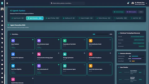Agent Execution DAG - Real-time multi-agent workflow visualization showing 12 specialized agents with execution status and distributed tracing