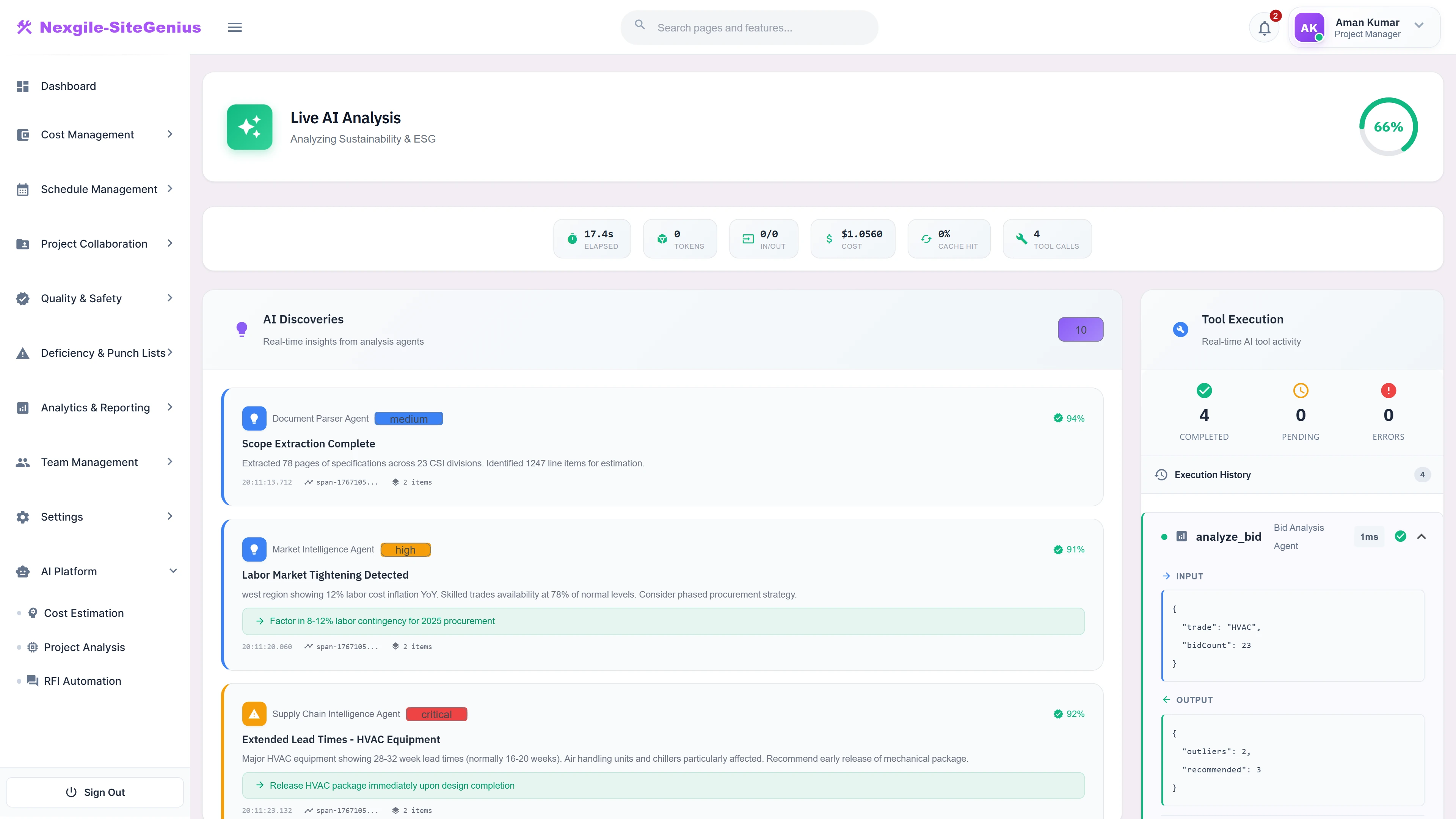 Live AI Analysis - Real-time agent processing showing AI discoveries, market insights, and supply chain alerts with tool execution tracking.