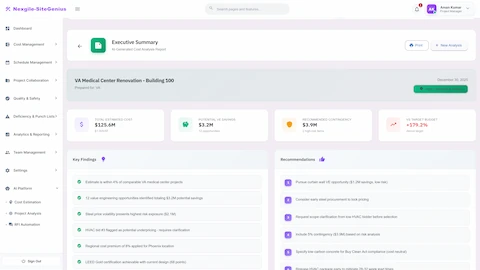 Executive Summary - AI-generated cost report with total estimate, VE savings opportunities, contingency recommendations, and key findings.