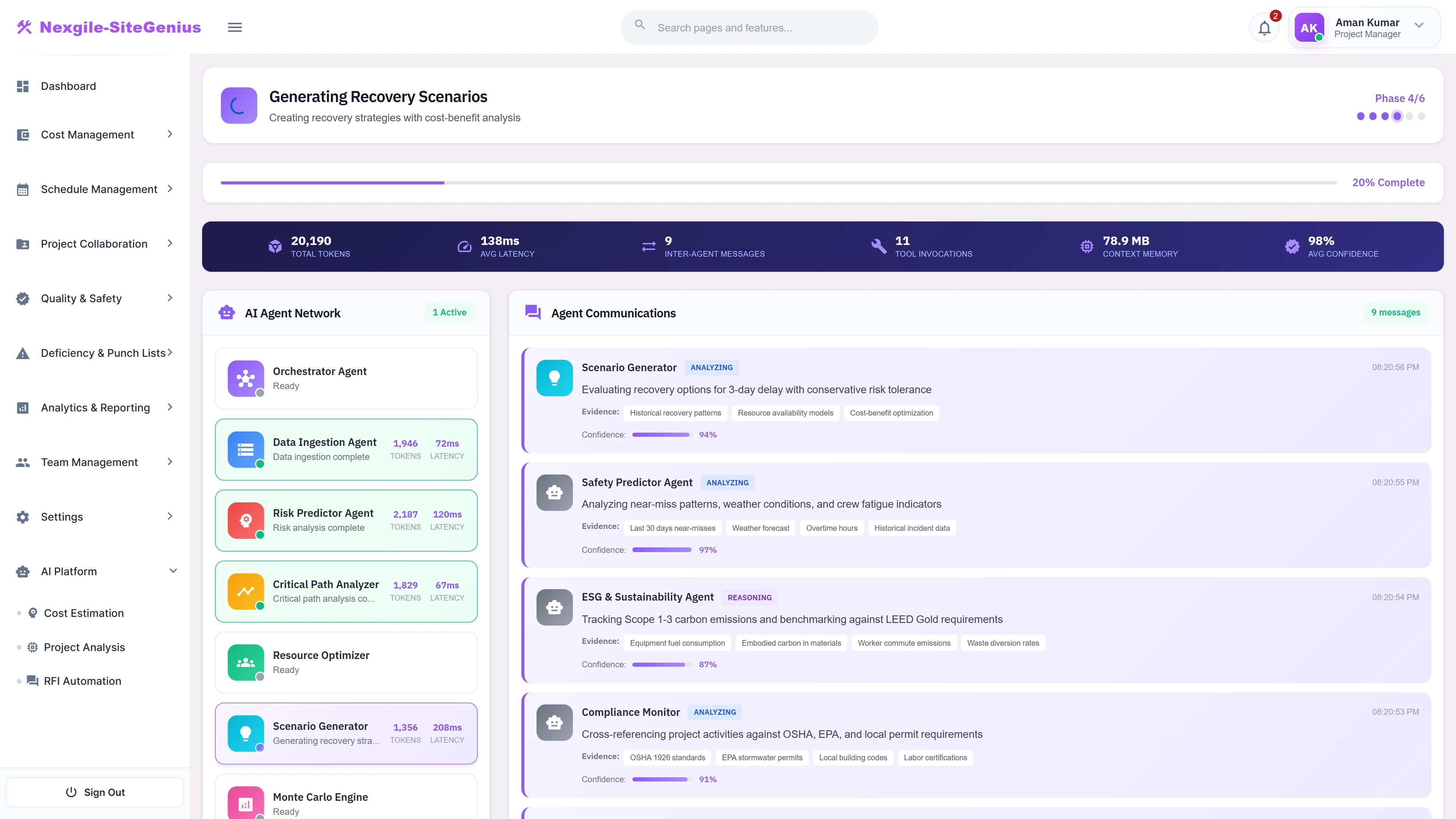Recovery Scenario Generation - Phase 4/6 showing agent network activity, inter-agent communications, and real-time scenario analysis.