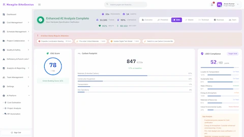 ESG & Sustainability View - Carbon footprint analysis, LEED compliance tracking toward Gold certification, and gap analysis recommendations.