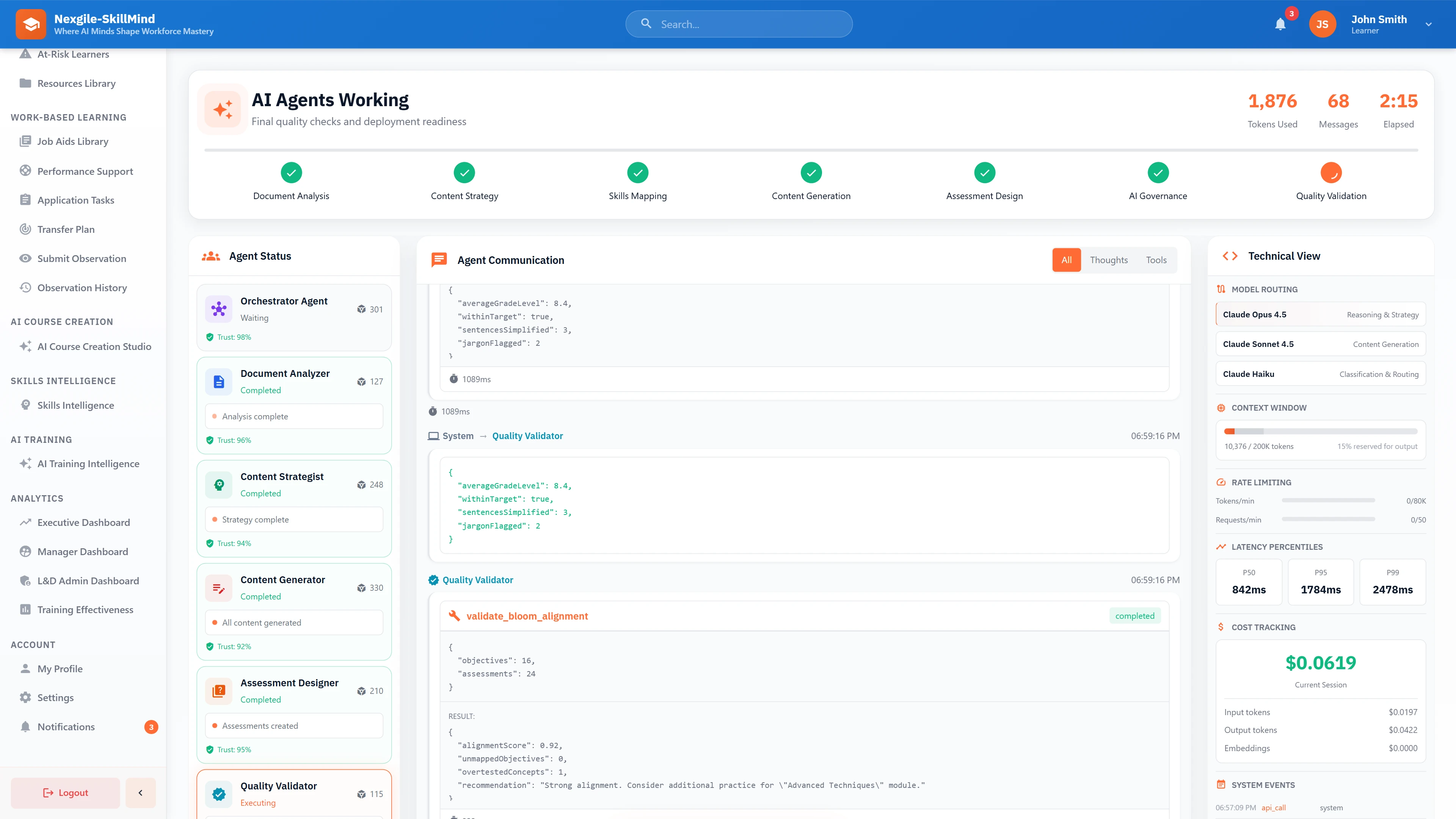 AI Agents Working - Multi-agent orchestration view showing workflow progress, agent status with trust scores, and real-time communication logs