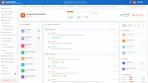 Agent Orchestration - Real-time risk prediction showing 8 active agents, reasoning chains, memory architecture, and cost tracking dashboard