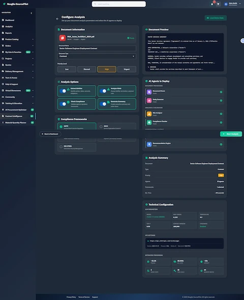 Document analysis configuration interface with compliance framework selection and AI agent deployment options