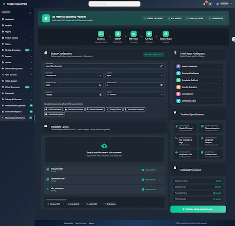 Project configuration interface with document upload, multi-agent architecture overview, and technical specifications
