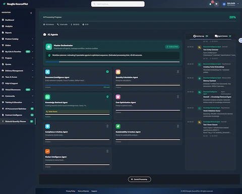 AI processing progress view showing real-time execution of 8 specialized agents with live activity log